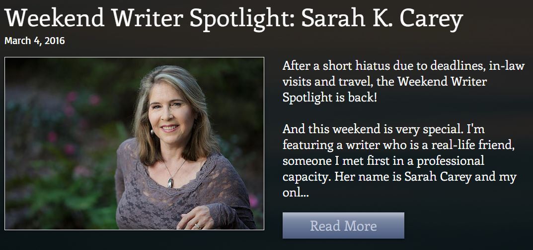 A writer spotlight graphic featuring a photo of Sarah Carey posing against bushes in a yard.