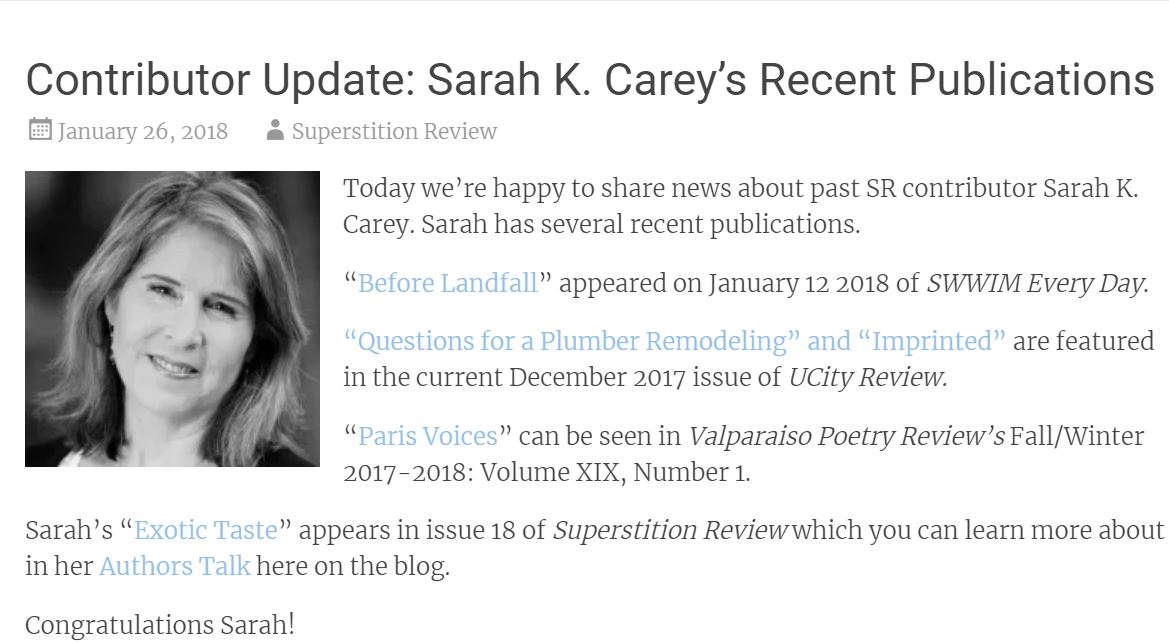 A contributor update for Sarah Carey featured in Superstition Review.