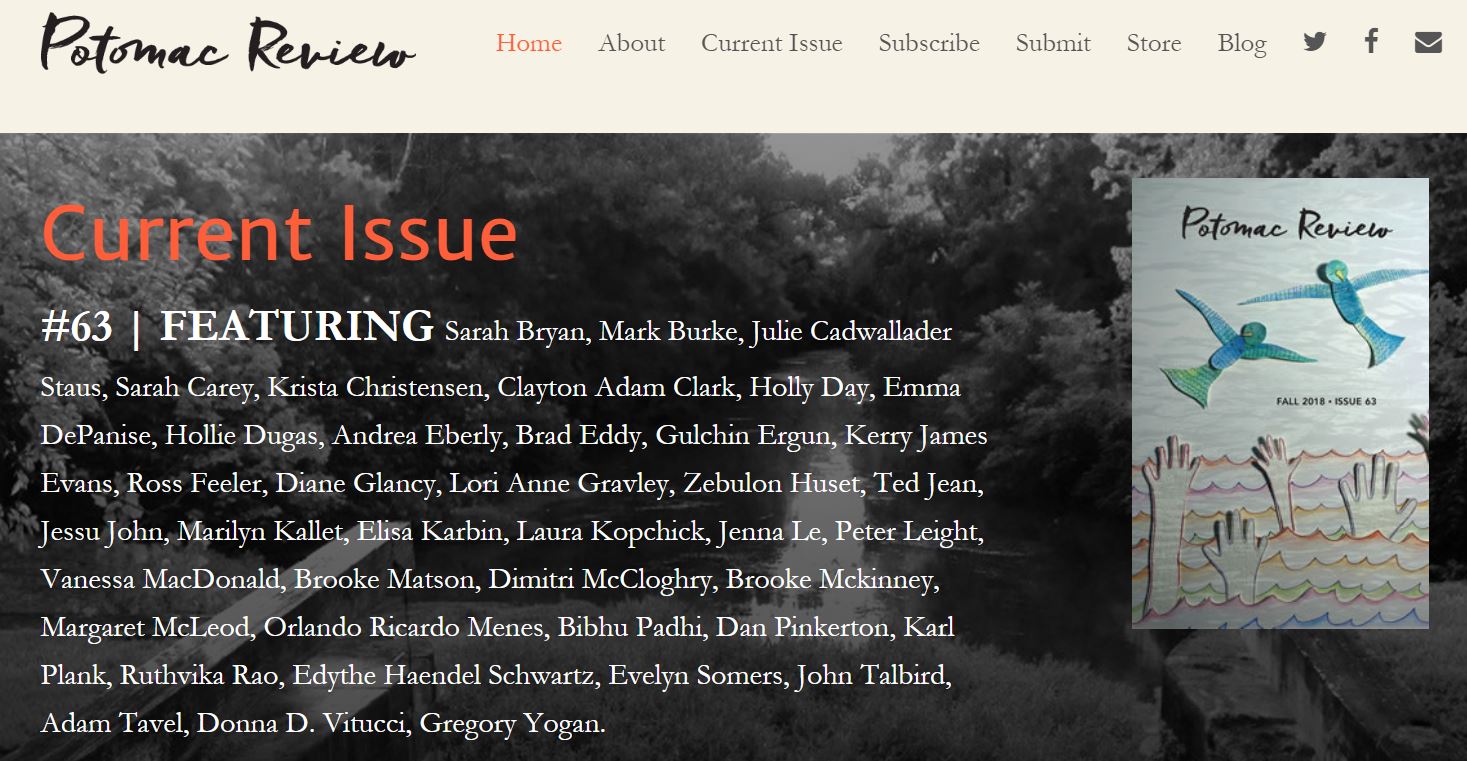 A photo of the cover of Potomac Review with the list of contributors.