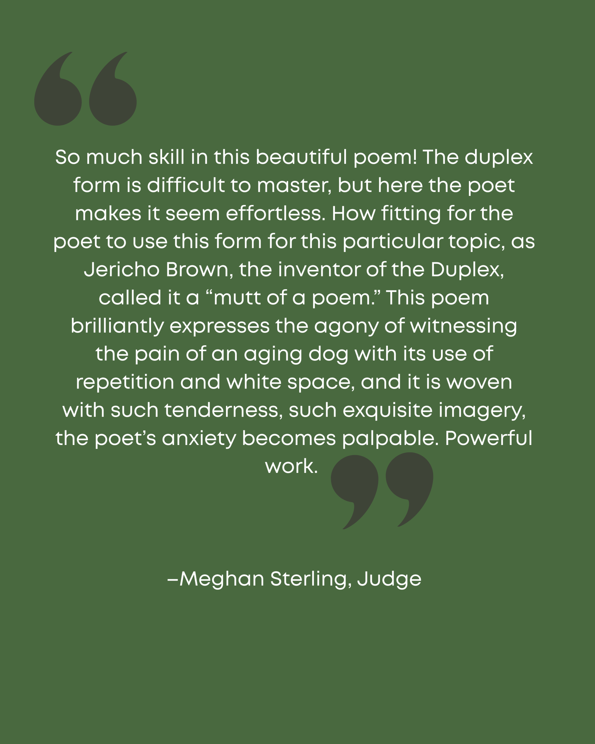 An image of judge Meghan Sterling's quote about Sarah Carey's award-winning duplex poem, which won first place in the 2026 Sweet Lit Poetry Contest.